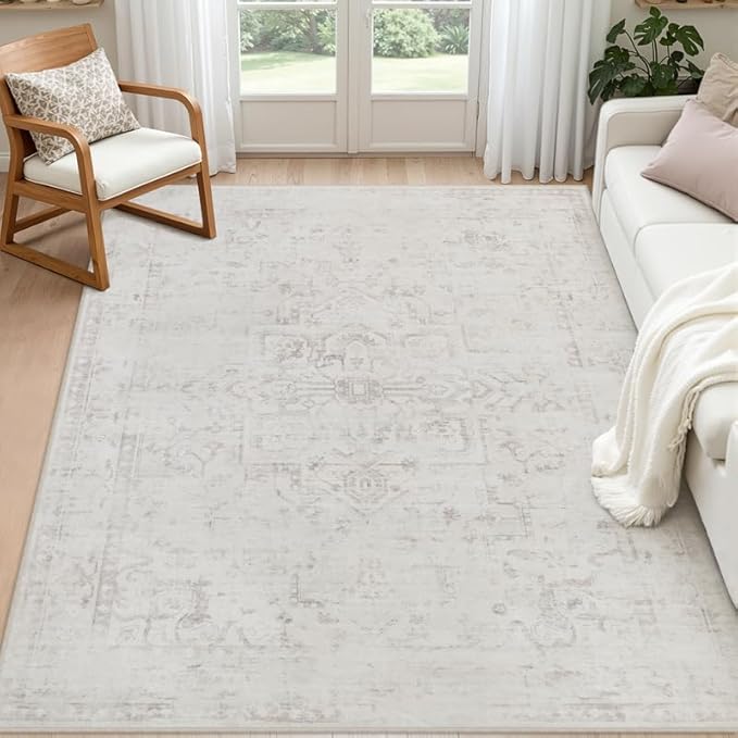 5x7 Area Rugs for Living Room: Vintage Boho Neutral Washable Rug Indoor Soft by Luxturiy