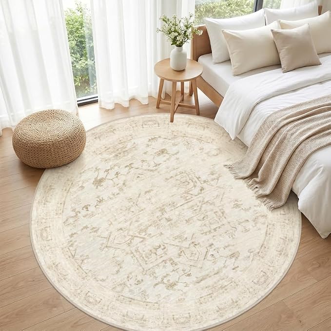 Round Area Rug for Living Room: 8ft Vintage Boho Neutral Washable Circle Rug - Image 4