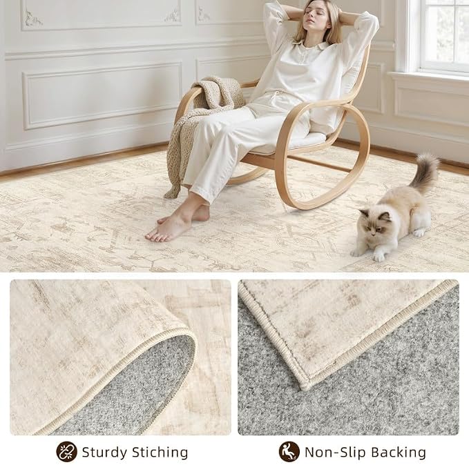 Round Area Rug for Living Room: 8ft Vintage Boho Neutral Washable Circle Rug - Image 7