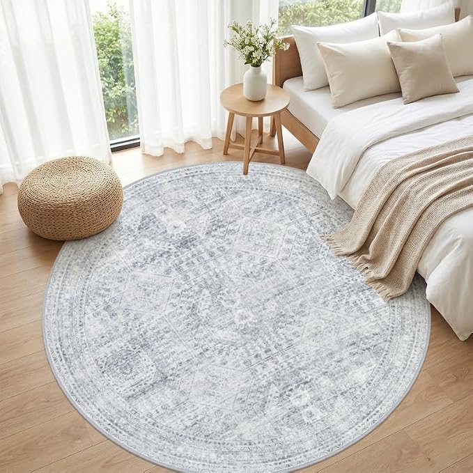 Round Area Rug for Living Room: 6ft Vintage Boho Neutral Washable Circle Rug - Image 4