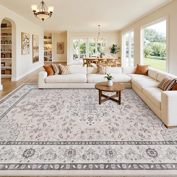 10x12 Area Rug for Living Room: Vintage Boho Neutral Washable Rug Indoor Soft by Luxturiy