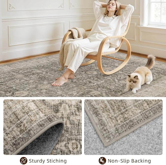 6x9 Area Rugs for Living Room: Vintage Boho Neutral Washable Rug Indoor Soft - Image 4
