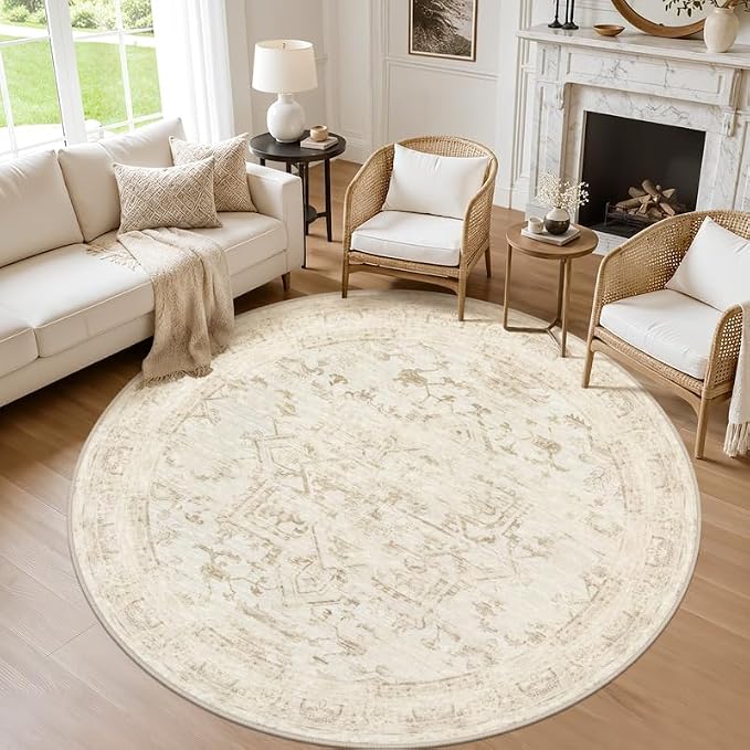 Round Area Rug for Living Room: 8ft Vintage Boho Neutral Washable Circle Rug by Luxturiy