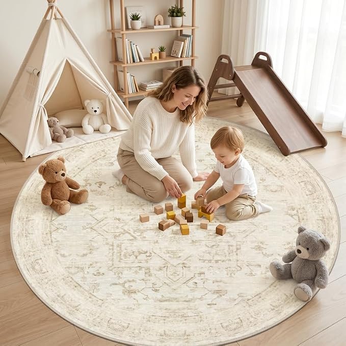 Round Area Rug for Living Room: 8ft Vintage Boho Neutral Washable Circle Rug - Image 3