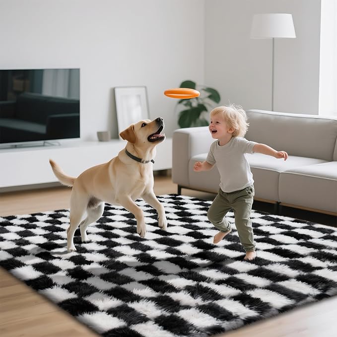 Checkered Area Rugs for Bedroom Living Room, 8x10 Black and White Fluffy Soft - Image 3