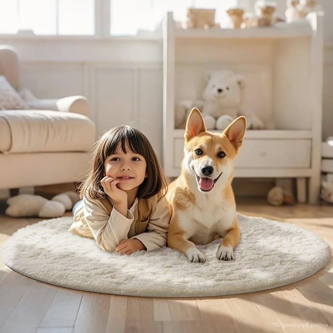 Ophanie Round Rug 4Ft Ivory Circle Area Rugs, Fluffy Fuzzy Small Bedroom Carpet - Image 3