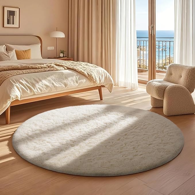 Ophanie Round Rug 4Ft Ivory Circle Area Rugs, Fluffy Fuzzy Small Bedroom Carpet - Image 5