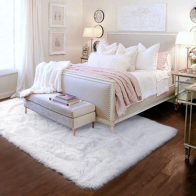 Amdrebio White Area Rugs for Bedroom, Shag Fluffy Rug for Living Room, Modern - Image 3