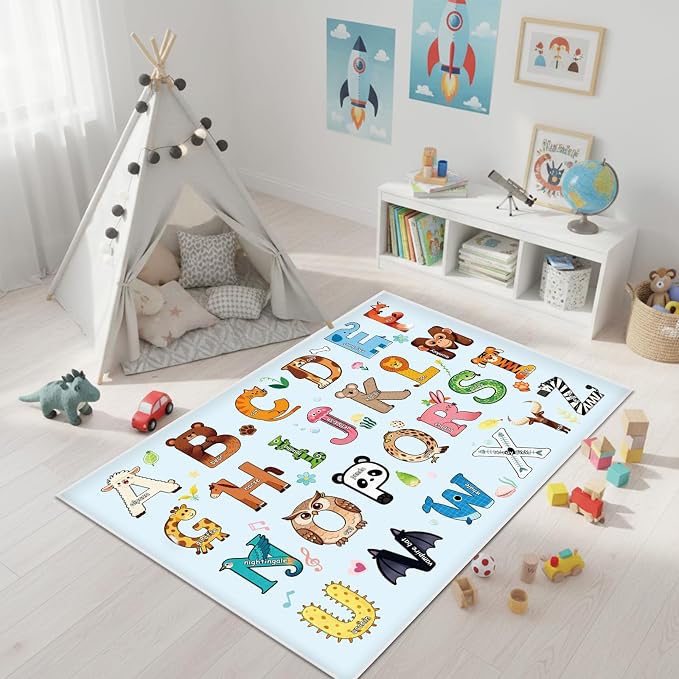 ABC Rug for Kids Playroom, Non Slip Washable Classroom Rug, Alphabet Numbers - Image 3