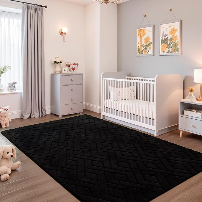 3x5 Black Washable Area Rug for Bedroom, Modern Geometric Shag Non-Slip Living - Image 5