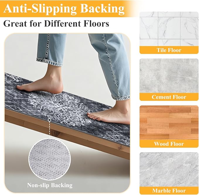 HEBE Washable Hallway Runner Rug 2'x 5' Non Slip Kitchen Rugs Runner, Low Pile - Image 3
