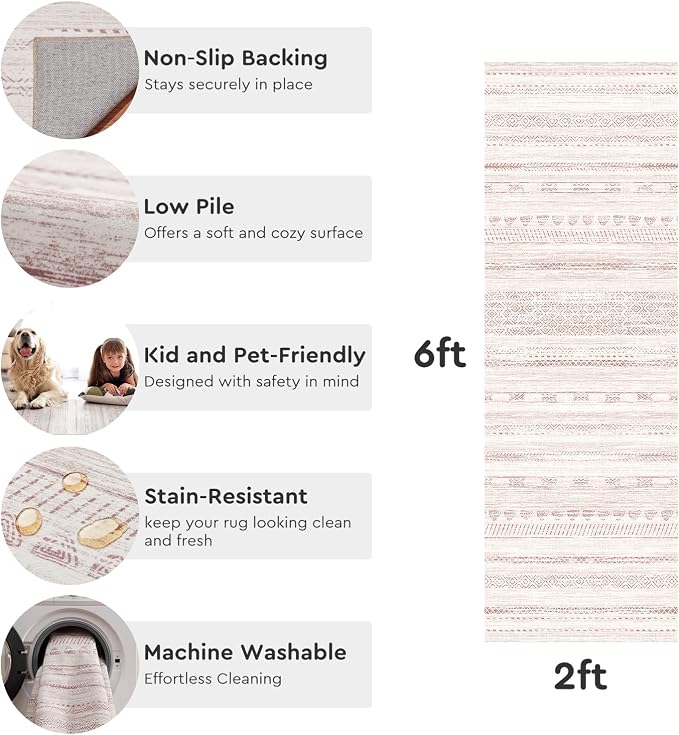 2x6 Pink Runner Rug Machine Washable Non Slip Area Rug Distressed Neutral - Image 6