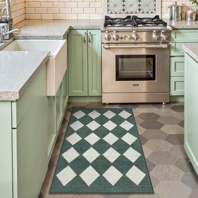 Lahome Zelie Checkered Washable 2x3 Green Kitchen Rugs Non Slip, Small Printed - Image 2