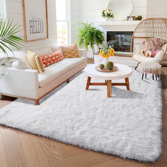 Amdrebio White Area Rugs for Bedroom, Shag Fluffy Rug for Living Room, Modern - Image 7