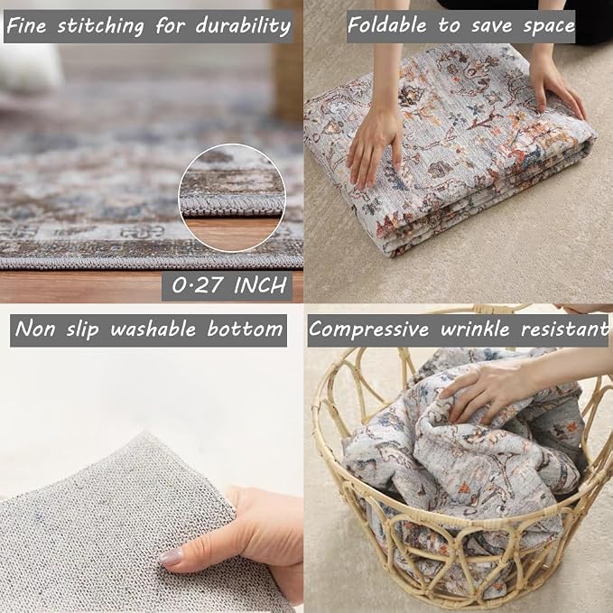 CHAMPLANT Washable Area Rug 8x10 Retro Flowers Boho Design Non-Shedding Easy - Image 5