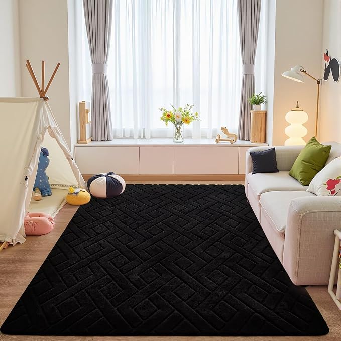 3x5 Black Washable Area Rug for Bedroom, Modern Geometric Shag Non-Slip Living - Image 7