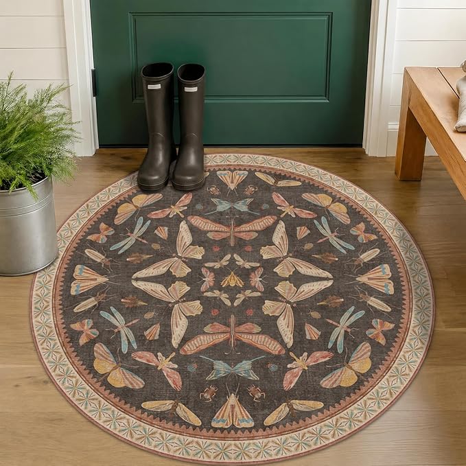 Boho Brown Round Rug 5ft, Soft Washable Throw Carpet by HazoHaus