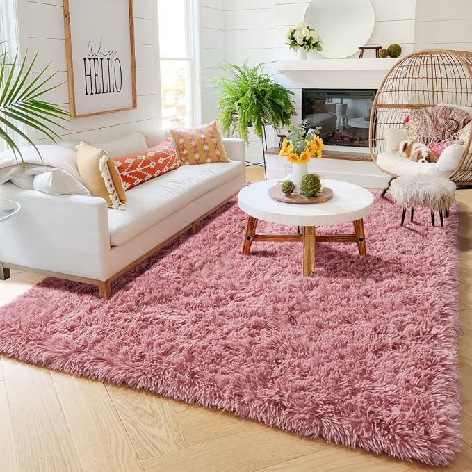 Amdrebio Blush Pink Area Rugs for Girls Bedroom, Fuzzy Furry Fluffy Kawaii Rugs - Image 4
