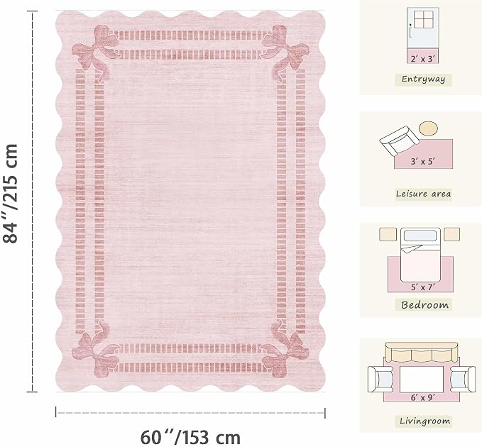 Latte&Fog 5x7 Pink Rug for Girls Bedroom, Washable Scalloped Bow Area Rugs for - Image 2