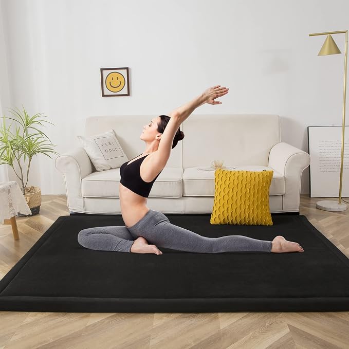 MAXYOYO Black Coral Velvet Area Rug, Thick Japanese Tatami Mat Living Room - Image 3