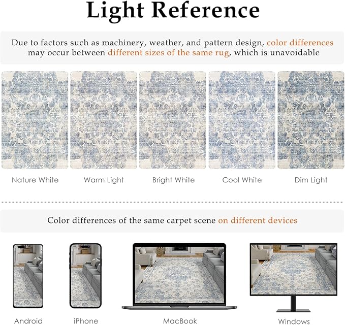4x6 Washable Neutral Area Rug Blue Vintage Entryway Office Carpet Non-Slip Soft - Image 9