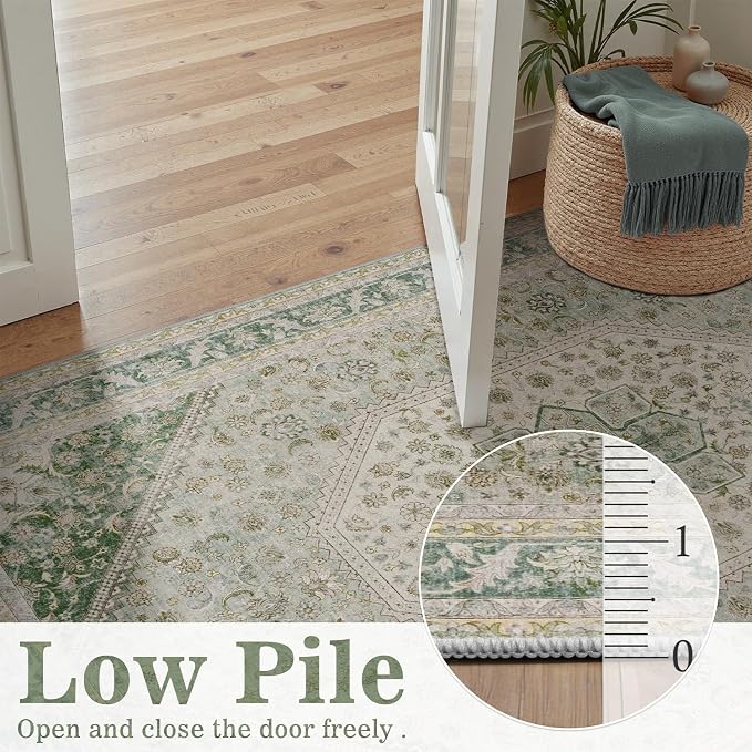 DCX Green 5x7 Area Rug, Machine Washable Non Slip Stain Resistant Vintage Rug - Image 4