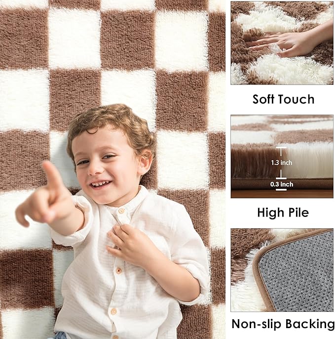 KICMOR Rugs for Living Room 8x10, Large Fluffy Fuzzy Brown and Cream White - Image 2
