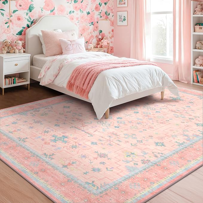 Pink Rugs for Bedroom Girls, 5x7 Washable Area Rug for Living Room Nursery Kids by HazoHaus