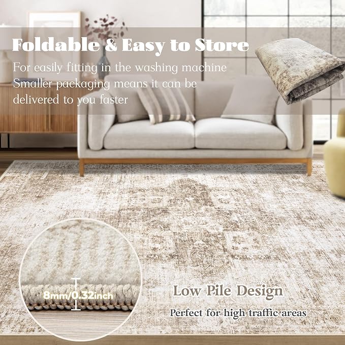 Area Rug 10x14 Washable Rug, Vintage Boho Medallion Rugs Non-Slip Soft Low Pile - Image 7