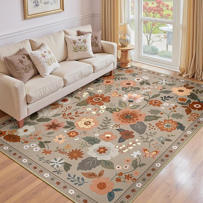 RELEANY Floral 6x9 Area Rugs Washable Print Boho Cute Carpet Non Slip Flower by RELEANY
