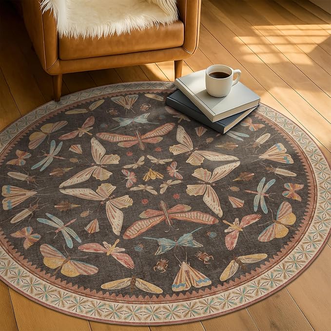 Boho Brown Round Rug 5ft, Soft Washable Throw Carpet - Image 3