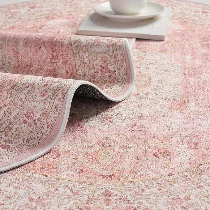 Latte&Fog Vintage 4ft Pink Round Area Rug, Floral Cute Low Pile Non Slip Indoor - Image 7