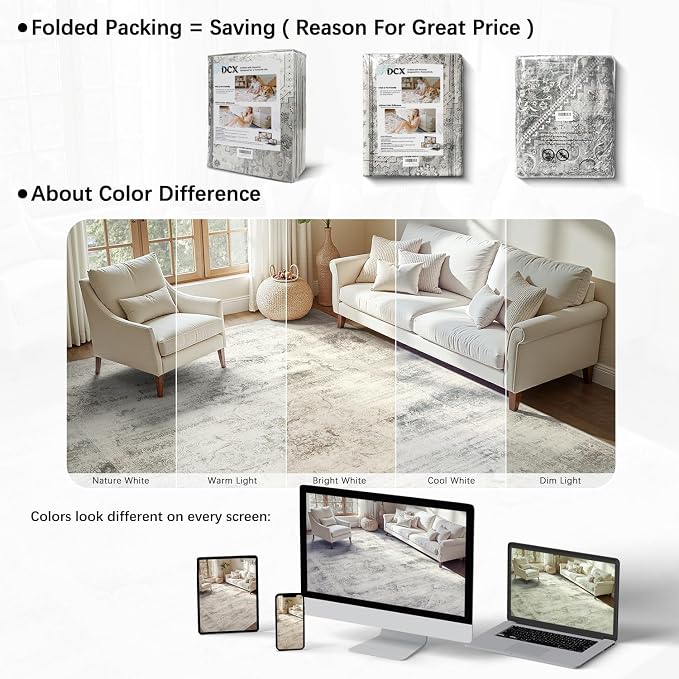 DCX 5x7 Vintage Rug, Machine Washable Stain Resistant Distressed Beige Rug - Image 4