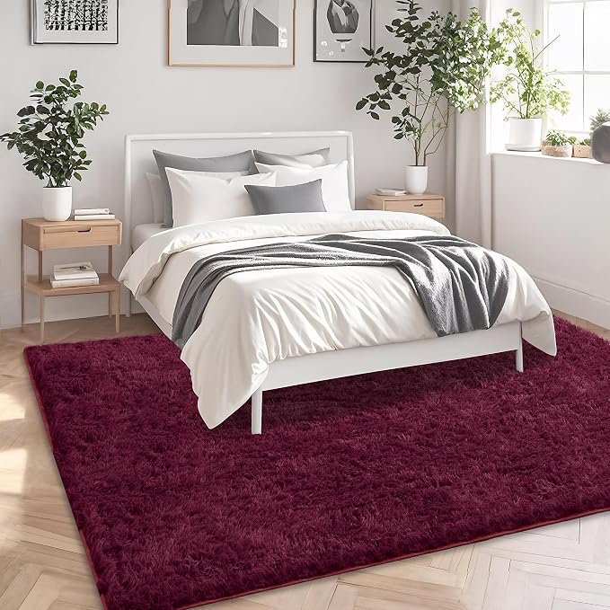 Burgundy Shag Area Rug for Bedroom, 4x6 Fluffy Shaggy Rugs for Living Room Kids - Image 3