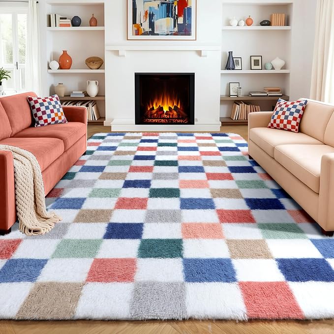 KICMOR 8x10 Area Rugs for Living Room, Large Fluffy Soft Colorful Checkered by KICMOR