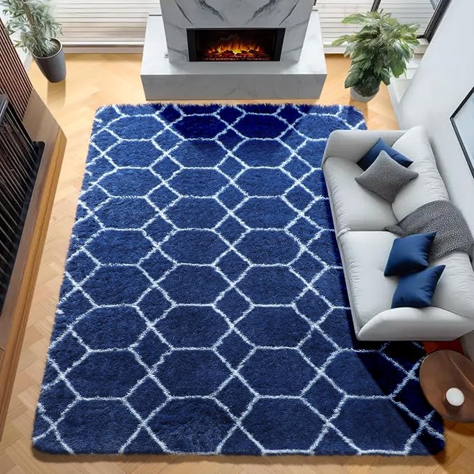 ONASAR Area Rugs for Bedroom Living Room, 4x6 Fluffy Navy Blue and White Throw - Image 5