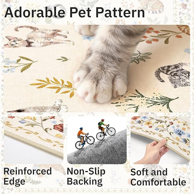 Soalmost Cat 5x7 Area Rugs for Living Room, Machine Washable Animal Floral - Image 6