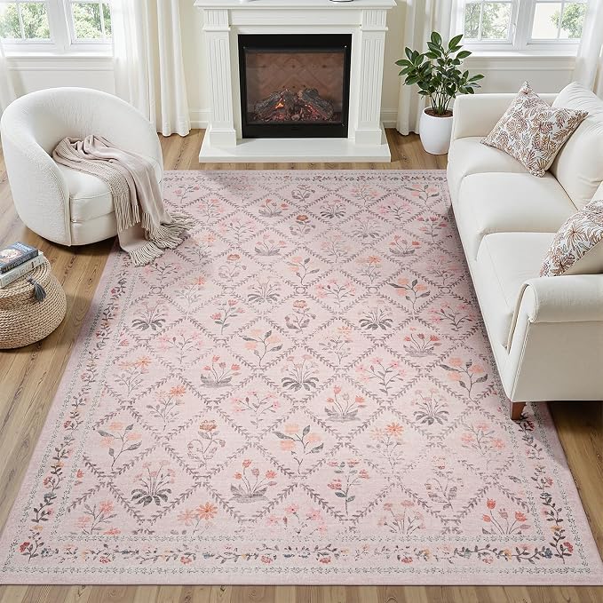 DCX Washable 8x10 Pink Floral Rug by DCXWashableRug