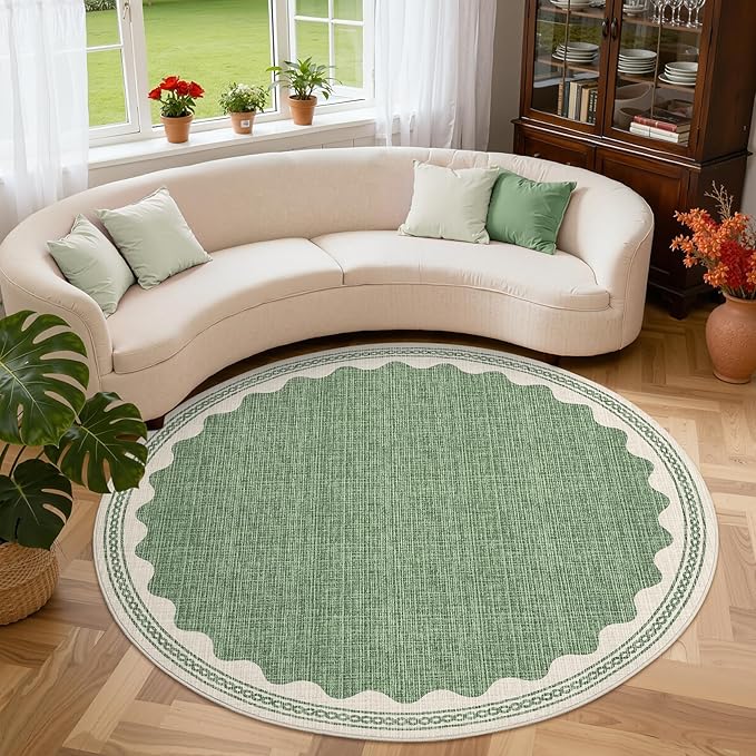 GarveeHome Scalloped Sage Green 6ft Round Rug Washable Non-Slip Soft Ultra-Thin by GarveeHome