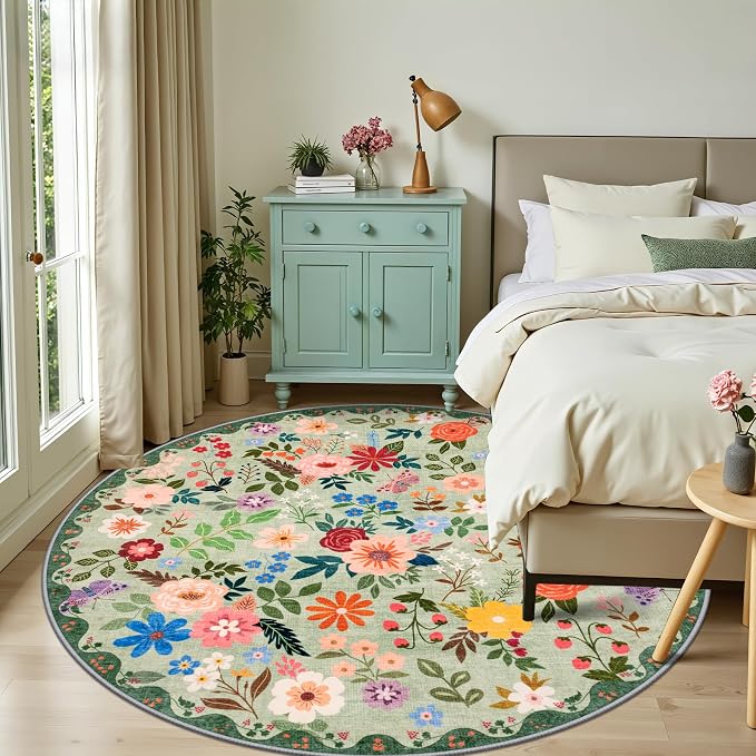 Round Area Rug for Living Room: 8 ft Floral Washable Circle Rug Soft Boho - Image 2