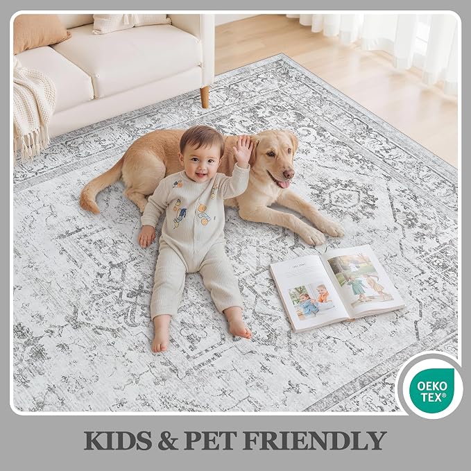 6x9 Area Rugs for Bedroom:Gray Washable Vintage Medallion Rug Non-Slip Soft Low - Image 5