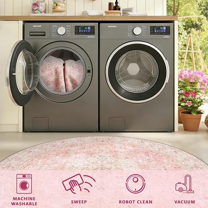 Latte&Fog Vintage 4ft Pink Round Area Rug, Floral Cute Low Pile Non Slip Indoor - Image 8