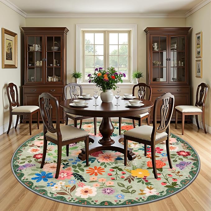 Round Area Rug for Living Room: 8 ft Floral Washable Circle Rug Soft Boho - Image 3