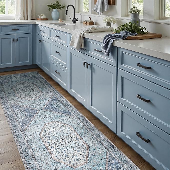DCX Machine Washable Blue and Beige 2x6 Runner Rug, Non Slip Stain Resistant - Image 2
