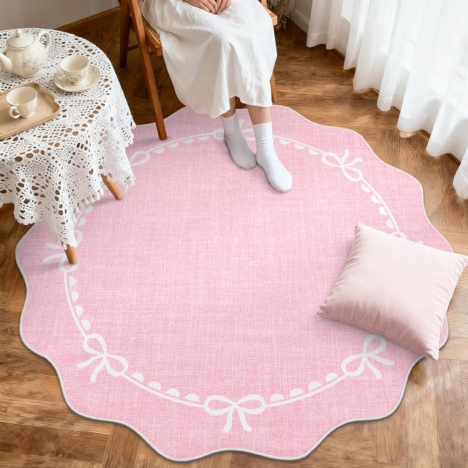GarveeHome Scalloped Bow Rug for Living Room, 4ft Round Rugs Washable Solid - Image 3
