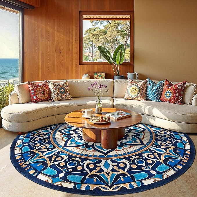 jinchan Mandala Round Rug 8ft Blue Boho Washable Rug Moroccan 8' Round Modern - Image 4