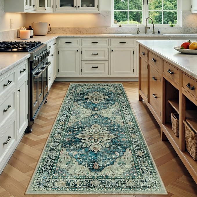 RELEANY Area Rugs Runner 3'x7' Washable Non-Slip, Floral Vintage Distress by RELEANY