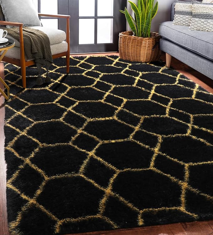 ONASAR 5x8 Rugs for Living Room Bedroom, Fluffy Black and Gold Area Rug - Image 5