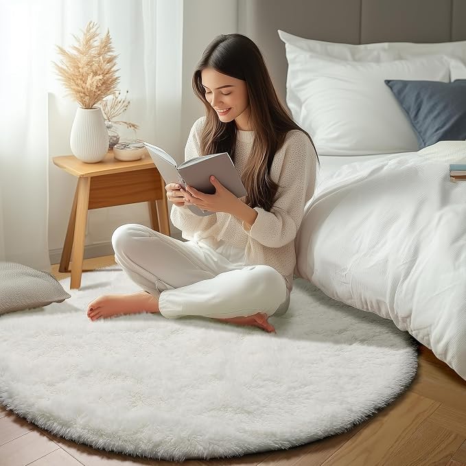 ONASAR Cream White Round Area Rug 4ft, Fluffy Ultra Soft Bedroom Circle Rugs - Image 6
