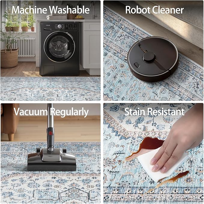DCX Machine Washable Blue Entryway Rug 2x3, Non Slip Stain Resistant Vintage - Image 4